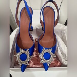 Amina Muaddi satin blue shoes